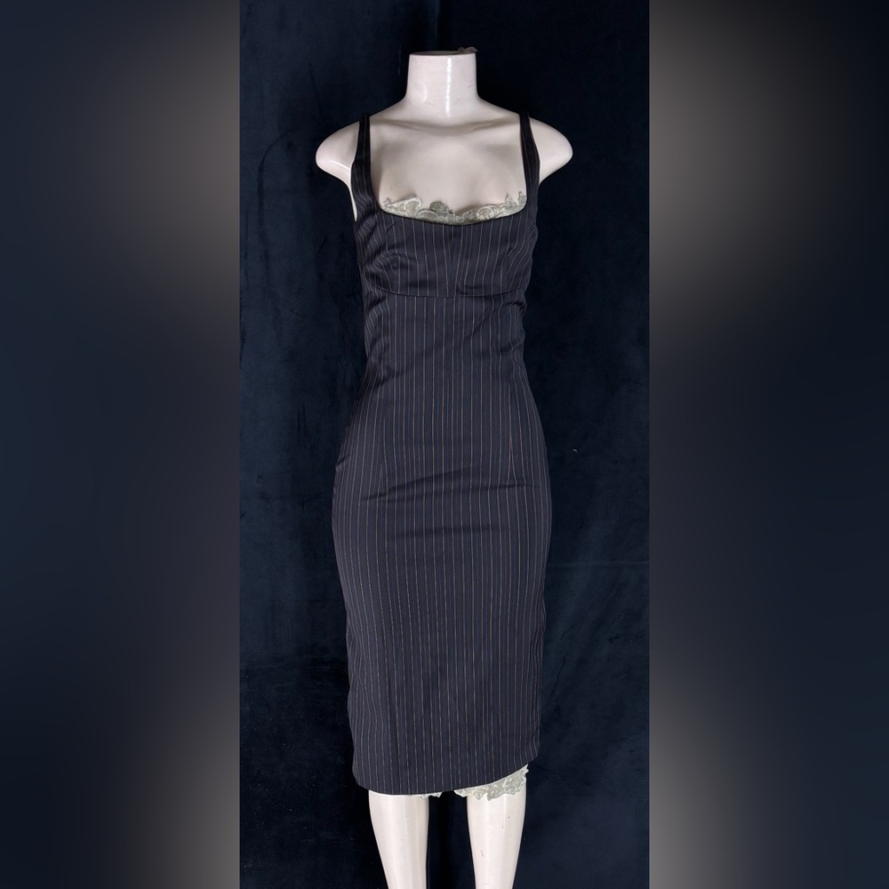 Pinstripe Lace-Trim Bodycon Dress in Black